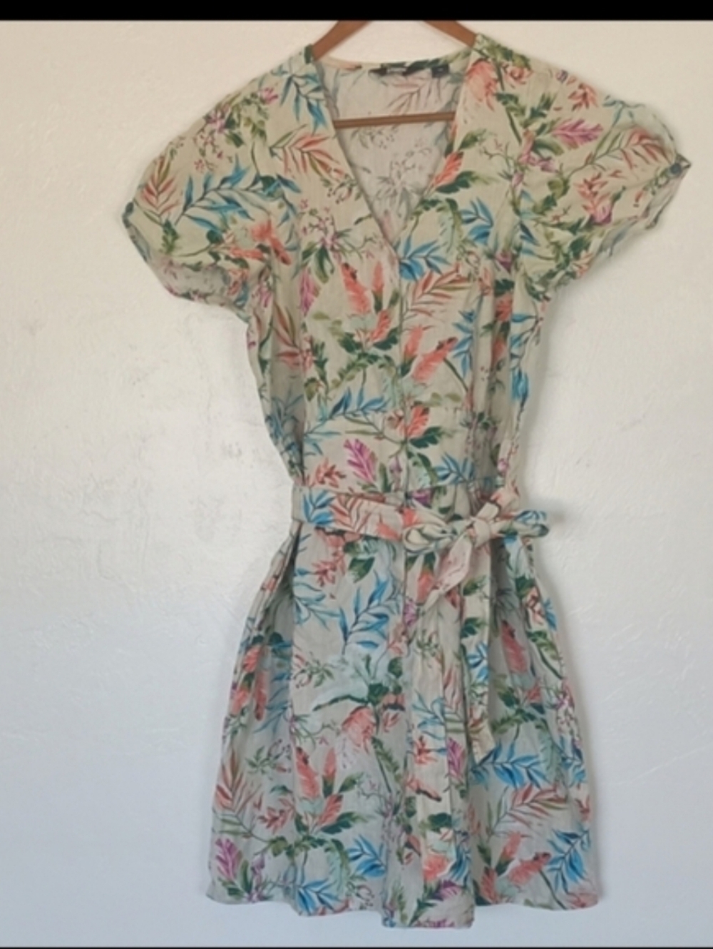 Lands' End 100% Linen Multicolor Floral Shirt Dress With Tie Belt